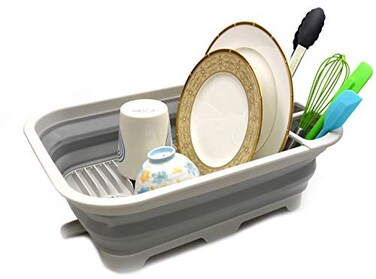 SAMMART 12L 317 Gallon Collapsible Dish Drainer with Swivel spout Foldable Drying Rack Set Portable Dinnerware Organizer Space Saving Kitchen Storage Tray Grey