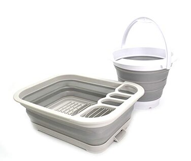 SAMMART 2pcs Kitchen Outdoor Set Collapsible Dish Drainer with Drainer Board 5L Collapsible Plastic Bucket 2 GreyGrey