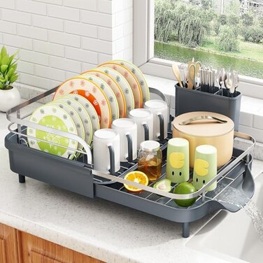 SAYZH Dish Drying Rack Expandable Dish Rack for Kitchen Counter RustResistant Dish Drainer with Utensil Holder and Raised Guardrail Kitchen Organizer for Cup and Bottle Grey