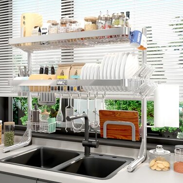 VNKZI Over Sink Dish Drying Rack 3 Tier Full Stainless Steel Storage Adjustable Length 2598 to 3661 Kitchen Rack Multifunctional Expandable Counter Organizer Space Saver Dish Rack