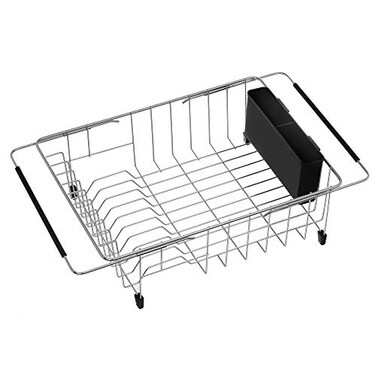 iPEGTOP Expandable Multifunctional Dish Drying Rack Over The Sink in Sink Or On Counter Dish Drainer Basket Shelf with Black Utensil Silverware Holder Rustproof Stainless Organizer