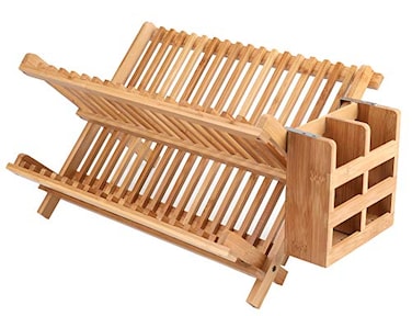 Lawei Bamboo Dish Drying Rack with Utensil Holder Collapsible Dish Drainer Foldable Dish Rack Bamboo Plate Rack for Plates Cups Mugs Utensil Flatwares