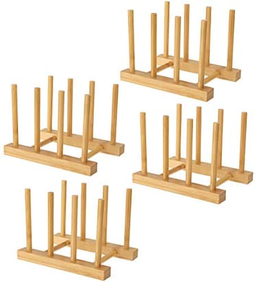 Lawei Set of 4 Bamboo Dish Rack 3 Slots Cutting Board Racks Plate Rack Stand Pot Lid Holder for Bowl Cup Cutting Board and More