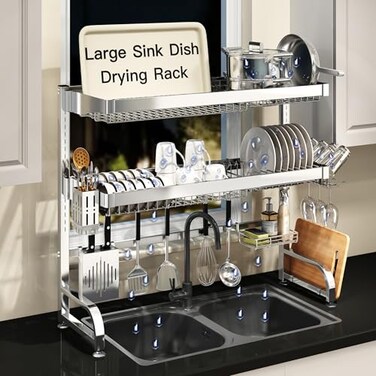MAJALiS 3 Tier Extra Large Stainless Steel Expandable Over The Sink Dish Drainer Drying Rack Rust Proof Metal Space Saving Modern Silver Big Capacity Extendable Plate Strainers Kitchen Counter
