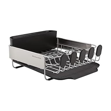 KitchenAid Compact Space Saving Rust Resistant Dish Rack with Removable Flatware Caddy and Angled Self Draining Drainboard 1606Inch Black