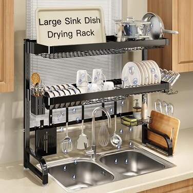 MAJALiS 3 Tier Extra Large Stainless Steel Expandable Over The Sink Dish Drainer Drying Rack Rust Proof Metal Space Saving Modern Black Big Capacity Extendable Plate Strainers Above Counter