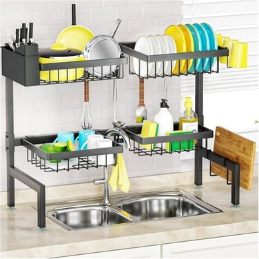SNSLXH 4 Baskets 2Tier Over The Sink Dish Drying Rack 265735 Large Sink Rack for Kitchen Extensible and Adjustable Saving Kitchen Space