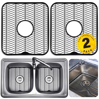 DecorRack 2 Sink Protectors for Kitchen Sink Plastic 12 x 11 Dish Rack Protect Sink from Stains Damage Scratches Dishwasher Safe Grid Mat for Kitchen 2 Pack Black