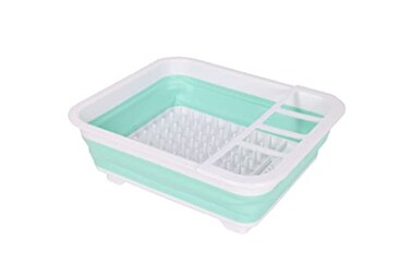 J&amp;V TEXTILES JV TEXTILES Collapsible Dish Drying Rack Popup for Easy Storage Drain Water Directly into The Sink Room for Eight Large Plates Sectional Cutlery and Utensil Compartment Compact Blue