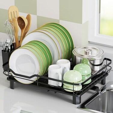 ROTTOGOON Dish Drying Rack Stainless Steel Rustproof Dish Rack for Kitchen Counter Sturdy Dish Drainer with Drainboard Drainage Utensil Holder for Various Kitchenware 162L x 126W Black