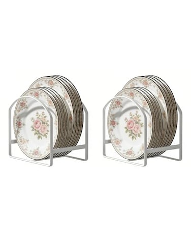LINFIDITE 2 Pack Kitchen Plate Holder Organizer for Cabinet Space Saver Dinner Dish Storage Rack Upright Dish Drying Racks Metal Plate Dish Racks Stand for Cupboard and Countertop Rustproof Large Whit