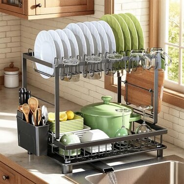 Nfnoyp Dish Drying Rack 2 Tier SpaceSaving Dish Rack Multifunctional Dish Drainer for Kitchen Counter with DrainboardUtensilCup Holder Rustproof Carbon Steel Black