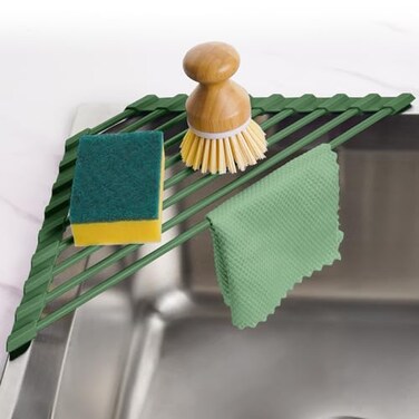 Tomorotec Compact SiliconeCoated Triangle Dish Drying Rack for Sink Corner Foldable Stainless Steel OverTheSink Organizer and Storage Shelf Army Green