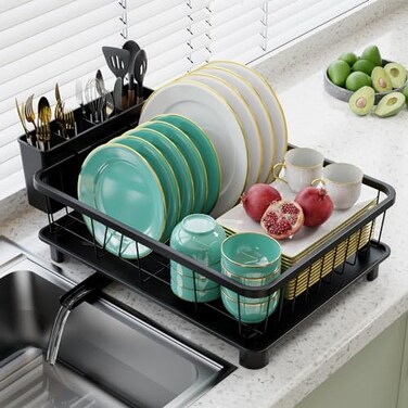 Hiviweer Dish Drying Rack SpaceSaving Dish RackDish Racks for Kitchen Counter with Drainboard Rustproof Dish Drainer with a Removable 4Compartment Utensil HolderBlack