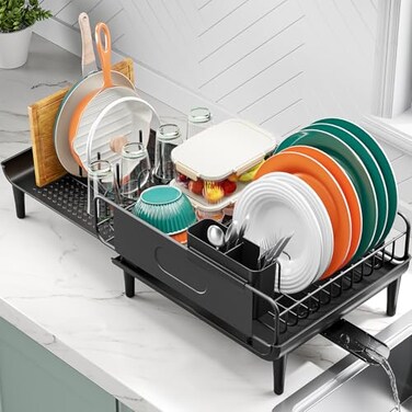 Urackify Large Extendable Dish Drying Rack 1693 to 2657 Expandable Dish Rack for Kithen Counter with Multifunctional Drainboard Fits Any Sink HeavyDuty Steel Plate Drainer for Countertop Organization