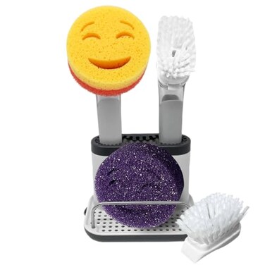 Smilyeez The Original Smiling Handle with Soap Dispensing for Scrub Daddy Reg TM Sponge and Scrub Moji Sponge Smile Caddy and 2 Scrub Mojis WhiteGrey Wands