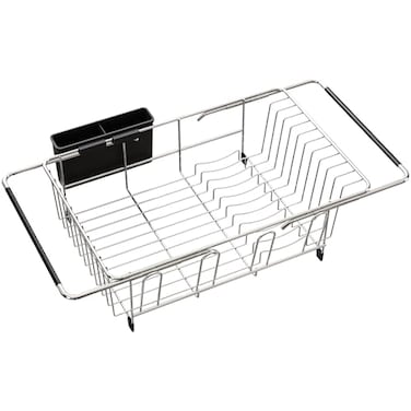 MAJALiS Over the Sink Expandable Dish Drainer Drying Rack In Stainless Steel for Small Kitchen Counter Space Saving Modern Compact Metal Above Plate Dryer Strainer Adjustable Hanging Inside Drain Hold