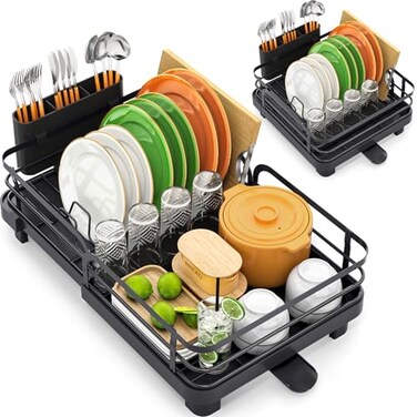 TOOLF Dish Drying Rack Expandable Dish Racks for Kitchen Counter Stainless Steel Dish Drainer with Drainboard Set Cutlery Holder RustProof 137205L x 128W Black