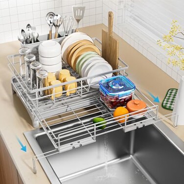 Laveshop Dish Drying Rack Expandable Rack Large Capacity Dish Drainer for Kitchen Counter RustProof with Utensil Holder Gray