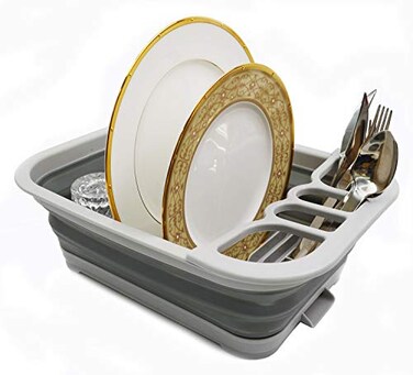 SAMMART Collapsible Dish Drainer with Drainer Board Foldable Drying Rack Set Portable Dinnerware Organizer Space Saving Kitchen Storage Tray 1 Grey