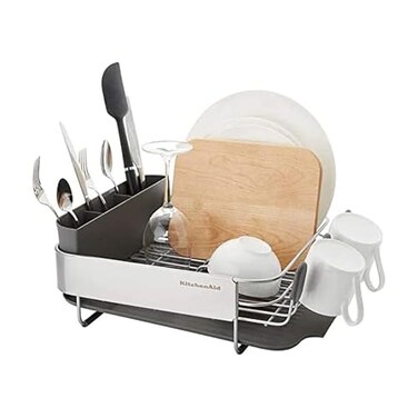 KitchenAid Compact Space Saving Rust Resistant Dish Rack with Angled Self Draining Drain Board and Removable Flatware Caddy 1606Inch Gray