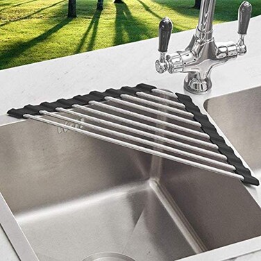 SHUYUE Triangle Dish Drying Rack for Sink Corner Roll Up Dish Drying Rack Folding Stainless Steel Multipurpose Over The Sink Corner Dish Drainer Mat for Kitchen Black