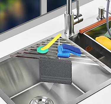 Ahyuan Corner Sink Dish Drainer over the Sink Dish Drying Rack Corner Dish Rack SUS304 Cubic Stainless Still Kitchen Sponge Holder Corner Sink Sponge Caddy Dish Rack Gray