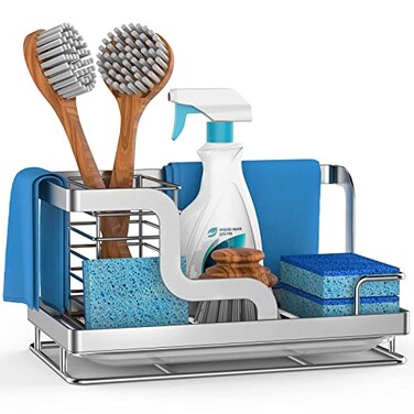 MEYONER Sink Caddy Organizer Stainless Steel Countertop Organizer Sponge Holder with Removable Drain Pan for Sponge Brush Dishcloth Dish Soap Bottles Silver