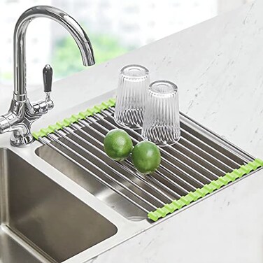 Seropy Roll Up Dish Drying Rack Over The Sink Drying Rack for Kitchen Counter Rolling Dish Rack Over Sink Mat Foldable Dish Drainer Stainless Steel Rack Kitchen Organization Green 175x118
