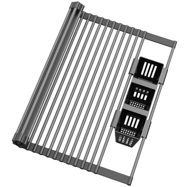 BBXTYLY Roll Up Dish Drying Rack Silicone Wrapped Over The Sink Multipurpose Foldable Dish Drainer AntiSlip Dish Racks for Kitchen Counter Sink Drying Rack Cover with Utensil Holder Black 173 x 176