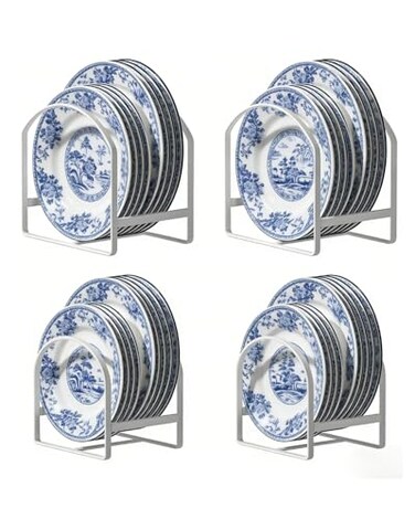 LINFIDITE 4 Pack Kitchen Plate Holder Organizer for Cabinet Space Saver Dinner Dish Storage Rack Upright Dish Drying Racks Metal Plate Dish Racks Stand for Cupboard and Countertop 2 Large 2 Small Whit
