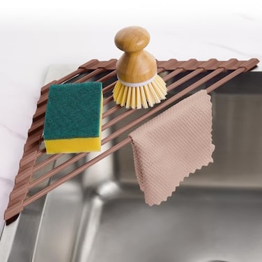 Tomorotec Compact SiliconeCoated Triangle Dish Drying Rack for Sink Corner Foldable Stainless Steel OverTheSink Organizer and Storage Shelf Coffee