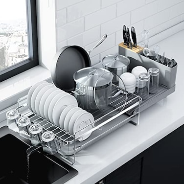 Kitsure Large Dish Drying Rack Extendable Dish Rack Multifunctional Dish Rack for Kitchen Counter AntiRust Dish Drainers with Cutlery Cup Holders 192267 L x 129 W Sliver