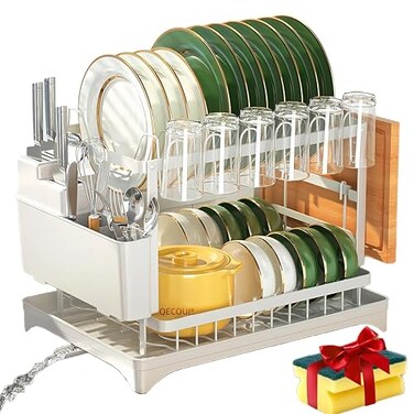 QECOUI 2Tier Dish Drying Rack with Drainboard Sink Countertop Metal Dish Rack Organizer Dish Drainers for Kitchen Counter White Dish Racks