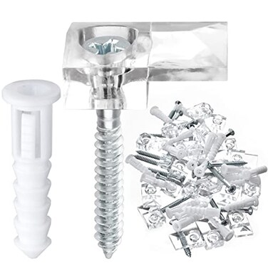 AccEncyc 20 Pack 34mm Frameless Mirror Holder Clips Clear Mirror Mounting Clip Plastic Glass Retainer Clips Mirror Mounting Hardware with Screw and Anchors for Wall Cabinet Door