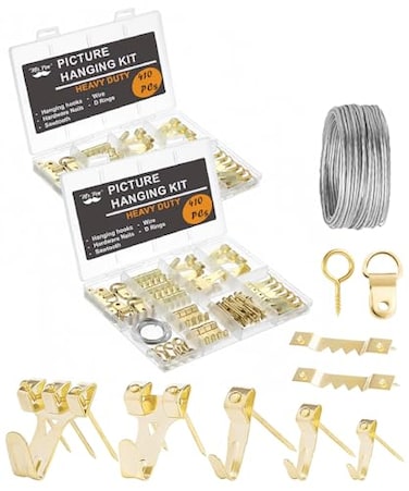 Mr. Pen Mr Pen Picture Hanging Kit 410 pcs Gold Assorted Hooks Nails Sawtooth Hangers DRings Steel Wire Ring Hooks Home Wall Mount Hardware for Frames Canvas Dcor