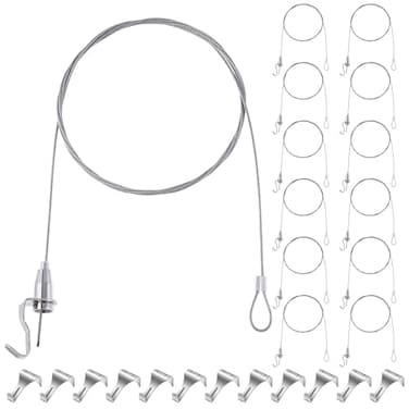PercyEffie 12pcs Picture Rails Hangers Pictures Rail Hanging System 65ft Picture Rail Hooks Pictures Wire hangig kit Stainless Steel Art Adjustable Gallery Rails Frame Cable Ceiling Hooks Frame