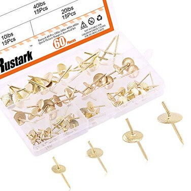 Rustark 60 Pcs Quick Picture Hangers Assorted Set Includes 10lbs 20lbs 40lbs 60lbs One Step Hangers Iron Alloy Nail Photo Hooks Professional Plaster Picture Hanging Hooks on Wooden and Drywall