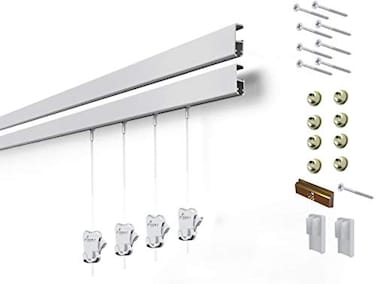 Stas Picture STAS Cliprail Pro Picture Hanging System Set Covers 984 ft of Wall Space Heavy Duty Picture Rail Art Hanging Gallery Kit Without Nails Home or Museum Matte Silver Rails 4 Hooks Cords