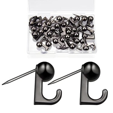 T4U888 30 Pieces Metal Push Pin HangersDecorative Picture Hanging Hooks with Nails for Home Office Fabric Wall Wooden BoardBlack