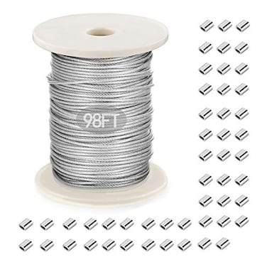 KABB Picture Hanging Wire PlasticCoated Stainless Steel Wire with 50pcs Aluminum Crimping Loop Sleeve for Hanging Photo Frame Artwork Mirror Bird Feeder String Light Plant Climbing 15mm x 98Feet