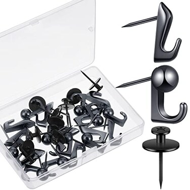 Shimeyao 30 Pieces Push Pin Hooks Push Pin Hangers Thumb Tacks Hook 20 Lbs Metal Hanger Picture Hanging Nails for Wall Wooden Fabric Home OfficeBlack