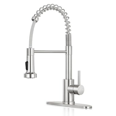 KHQF Kitchen Faucet with Pull Down SprayerCommercial Single Handle Stainless Steel Kitchen Faucets with Deck Plate Brush Nickel