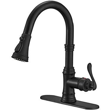 BATHFINESSE Bathfinesse Matte Black Kitchen Faucet with Pull Down Sprayer 3 Function Faucet for Kitchen Sink Single Handle High Arc Commercial Pull Out Spray Head RV Kitchen Faucet Gooseneck Deck Plat