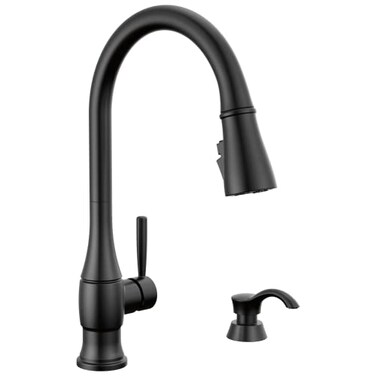 DELTA Delta Hazelwood Matte Black Kitchen Faucet with Pull Down Sprayer and Soap Dispenser Modern Single Hole Kitchen Sink Faucet Single Handle Matte Black 19831ZBLSDDST
