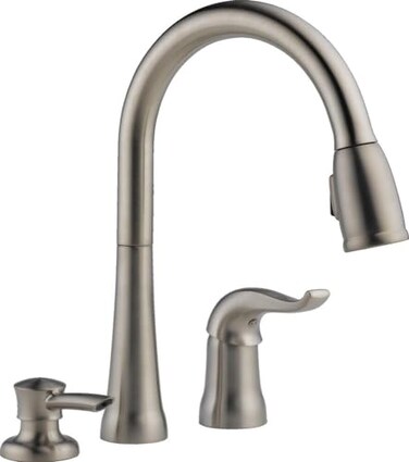 DELTA Delta Kate Brushed Nickel Kitchen Faucet with Pull Down Sprayer and Soap Disperser Modern Two Hole Kitchen Sink Faucet Single Handle Stainless 16970SSSDDST