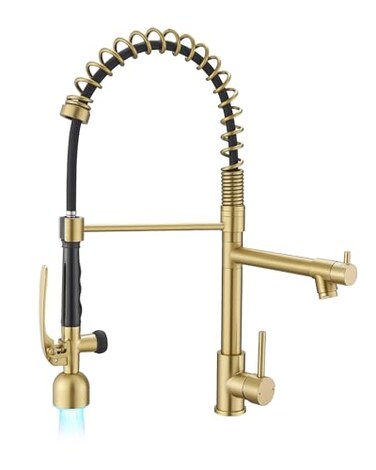 Fapully Single Handle High Arc Brushed Gold Pull Down Kitchen Faucet LEDSingle Level Kitchen Sink Faucets with Pull Down Sprayer