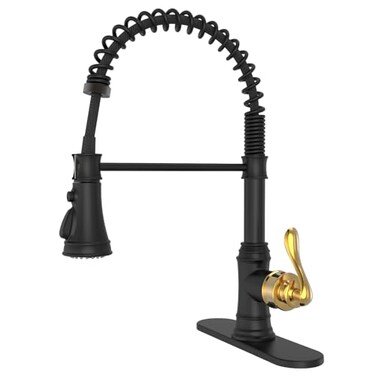 BWE Kitchen Faucet Kitchen Sink Faucet with Pull Down Sprayer Single Handle High Arc Faucet in Black and Brushed Gold with 3 Modes Spray for RV Farmhouse Bar Kitchen Solid Brass Construction