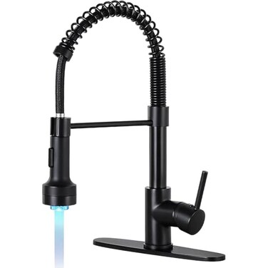 DJS Kitchen Faucets with Pull Down Sprayer LED Light Single Handle 1 or 3 Holes Spring Kitchen Sink Faucet with Deck Plate for Farmhouse RV Vessel Basin