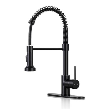 DJS Kitchen Faucets with Pull Down Sprayer Single Handle 1 or 3 Holes Spring Kitchen Sink Faucet with Deck Plate for Farmhouse RV Vessel Basin Matte Black